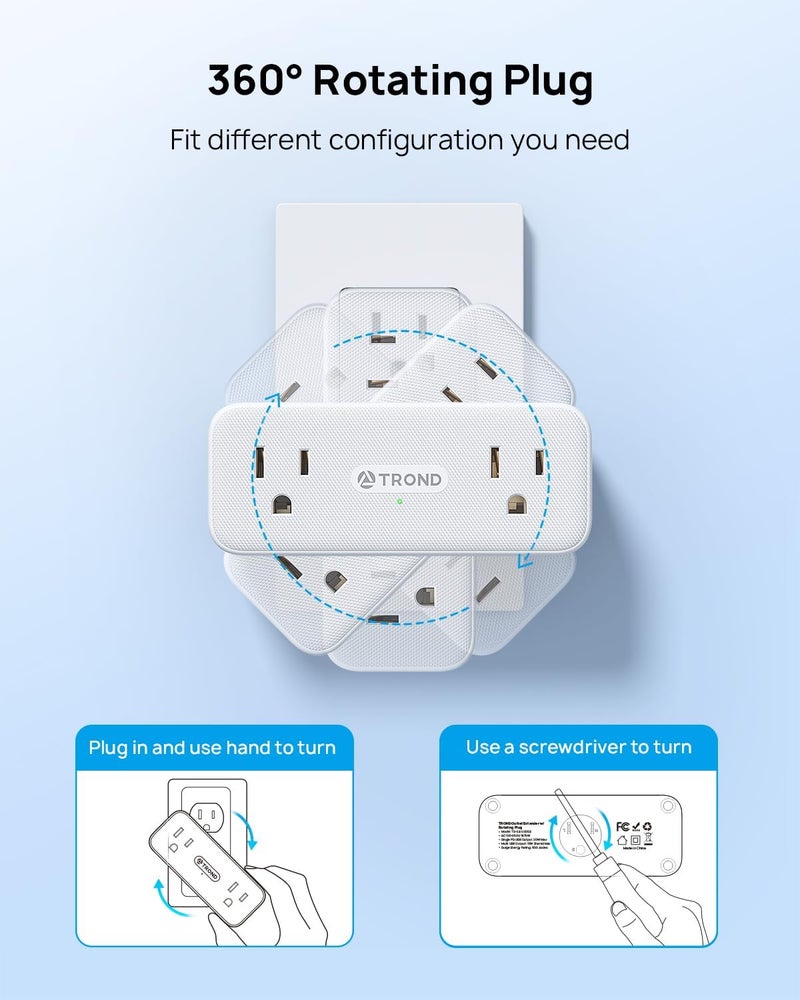 TROND Electrical Outlet Extender, 6 AC Outlet Splitter with 360° Rotating Plug, Multi Plug Adapter with PD 20W USB C, 2 USB-A & 2 USB-C, 3 Way Wall Extension Adapter for Home Office Travel Dorm - Image 4